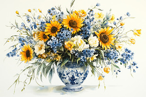 Sunflowers and Blue Flowers in a Blu, a Photo by Pixeness Studio