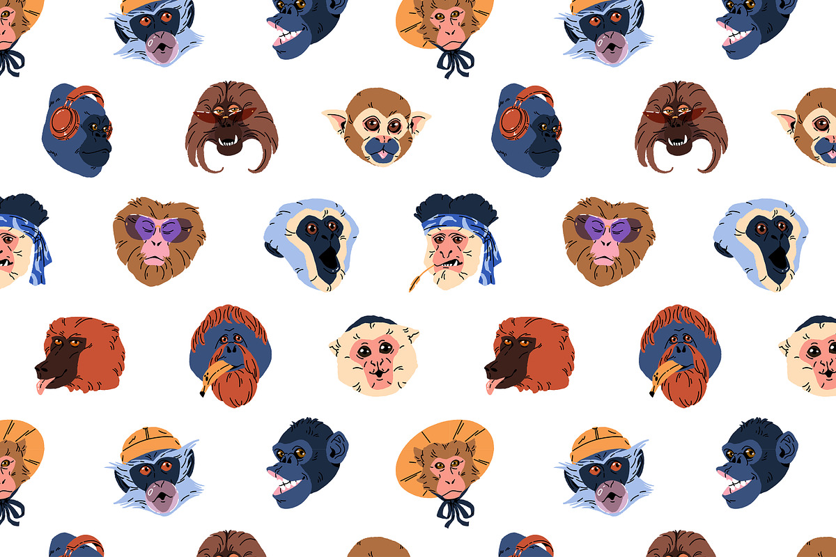 Funny monkeys avatars set + patterns, an Animal Illustration by PaperTrident (Photo 4 of 6)