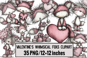 Valentine's Whimsical Foxs Clipart, an Illustration by Design Market