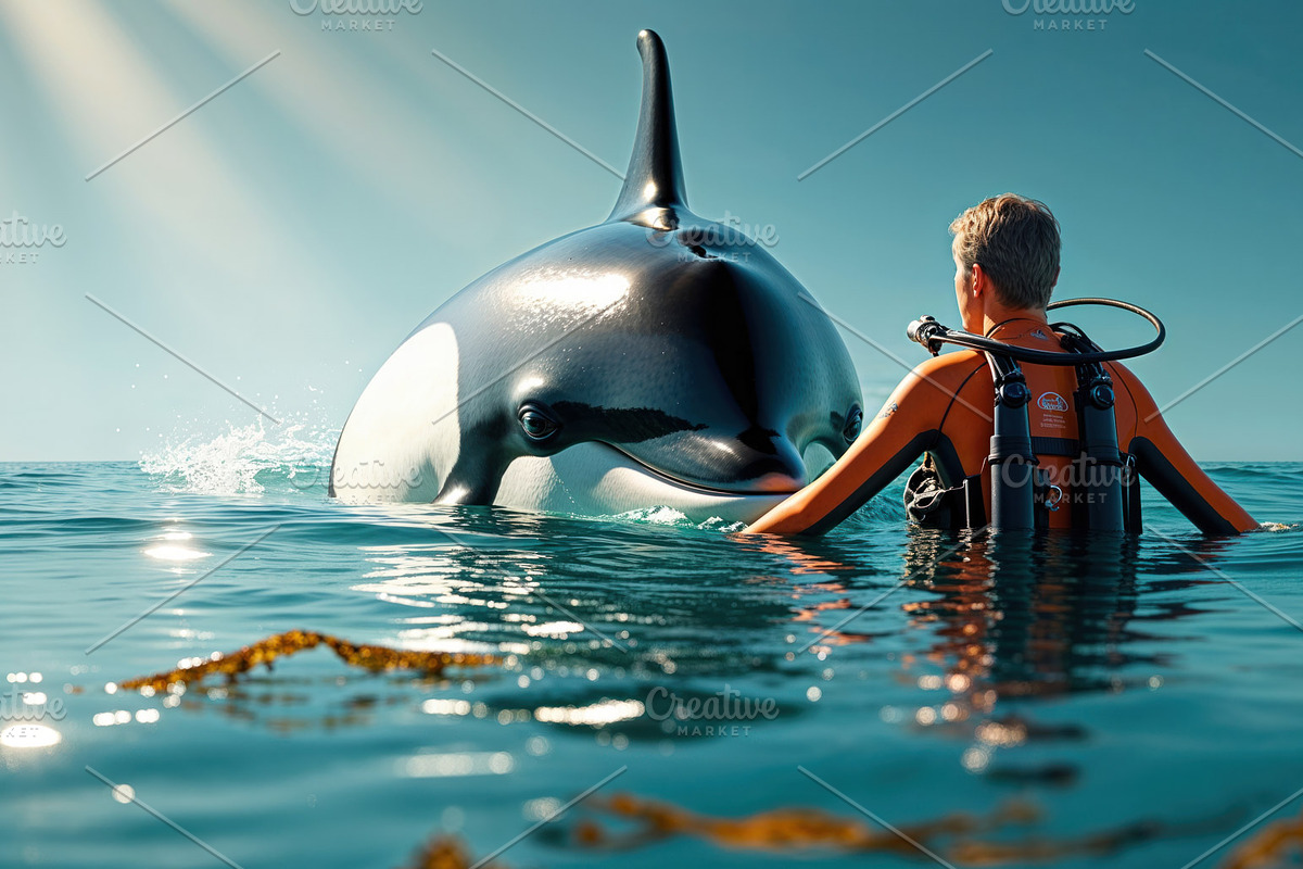 Scuba diver in orange wetsuit, an Illustration by wavebreak