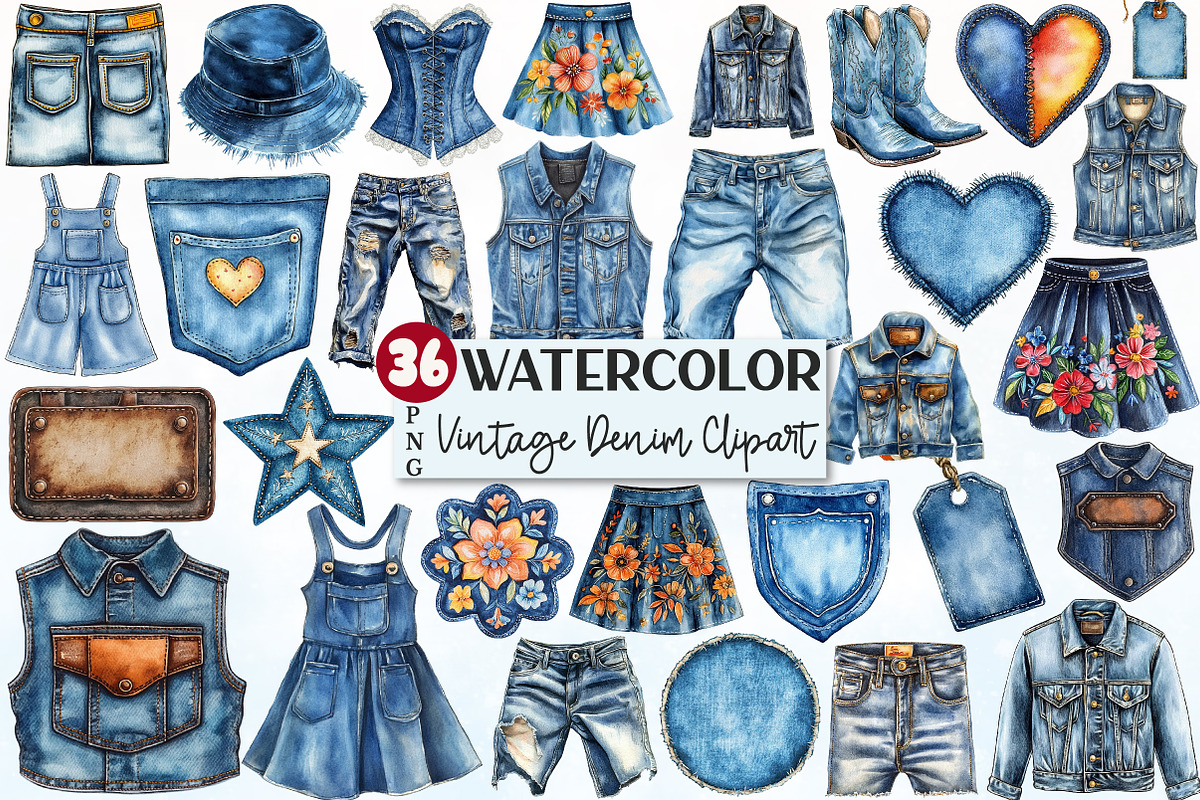 Vintage Denim Sublimation Clipart, an Illustration by Rose Art (Photo 1 of 4)