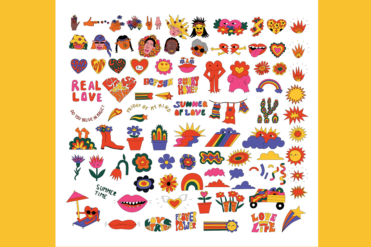 Psychedelic funky hippie stickers, an Illustration by okchizh (Photo 5 of 9)
