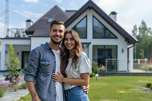 Portrait of happy young couple near new modern house, a Person Photo by AlyaAnd