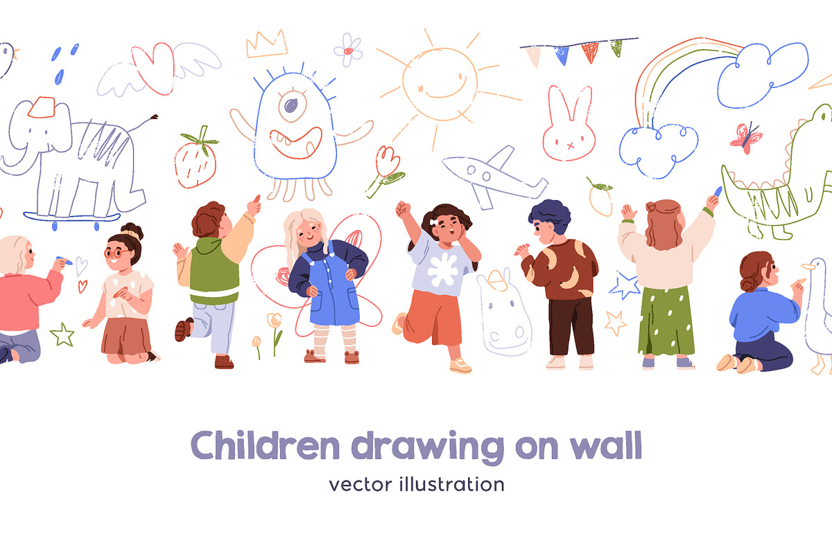 Cute kids drawing scribbles on wall, a Person Illustration by Good Studio (Photo 1 of 4)