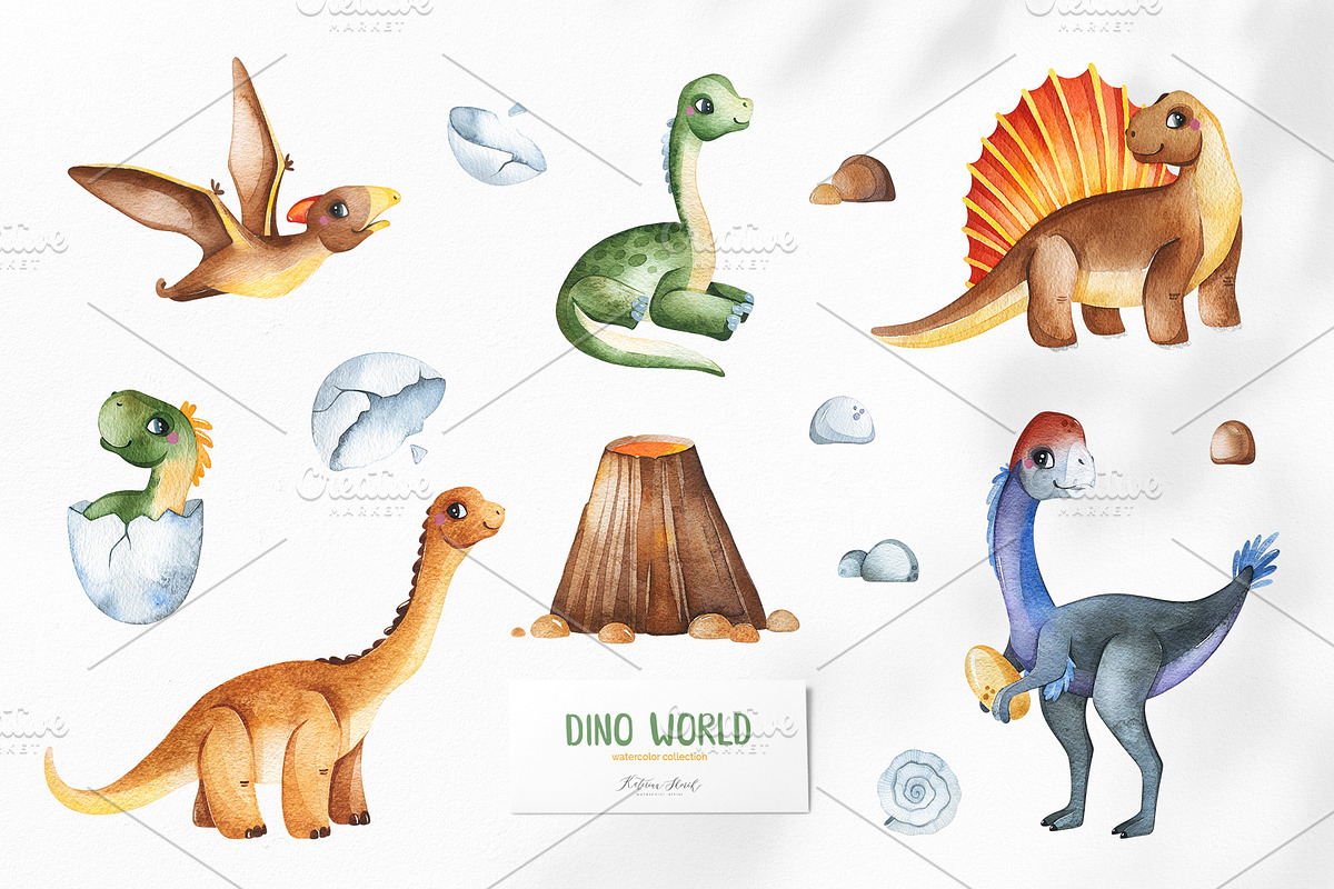 Dino World. Watercolor collection., an Animal Illustration by Kate_Rina (Photo 4 of 16)