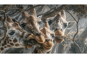 A collection of giraffes eating in a, an Animal Photo by ZinetroN
