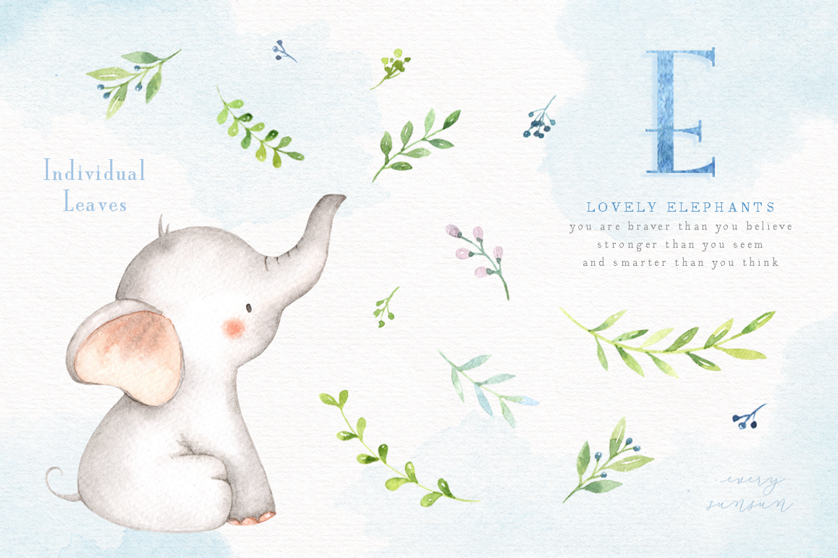 Lovely Blue Elephants Watercolor Set, an Animal Illustration by everysunsun (Photo 4 of 5)