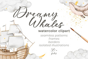 Dreamy Whales Watercolor Clip Art