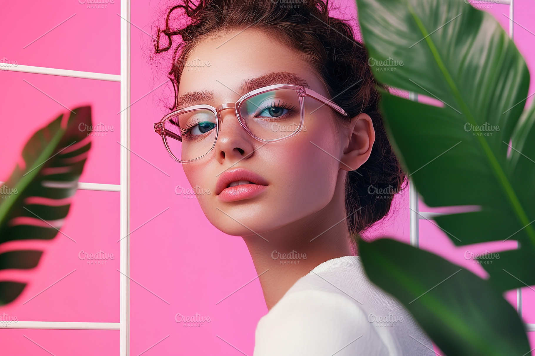 Young woman poses with glasses against vibrant pink background, a Person Photo by AlyaAnd
