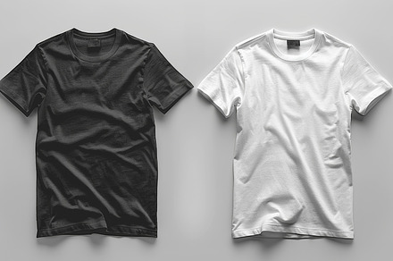 Black and white plain t-shirts on a light gray background, a Photo by AS photostudio