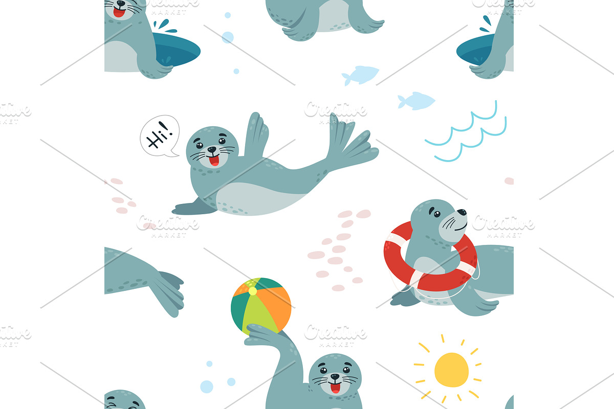 Cartoon funny seals seamless pattern, an Animal Illustration by LadadikArt