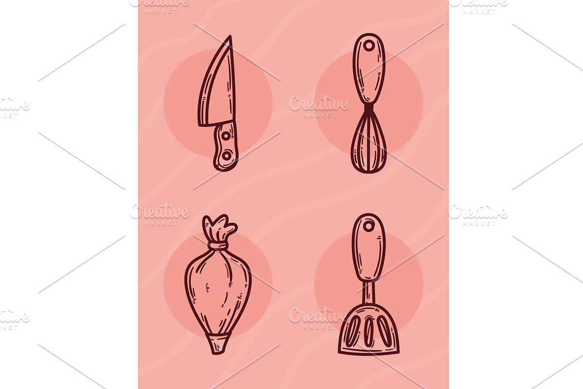 four kitchen utensils icons, an Object Illustration by studiogstock