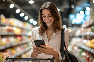 Happy woman at grocery store, a Photo by Beautiful things
