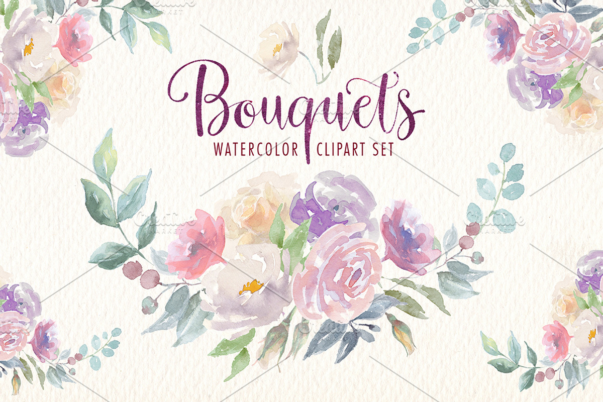 Watercolor bouquets clipart set, an Illustration by Art & Things (Photo 2 of 5)