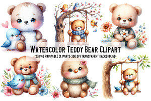 Watercolor Teddy Bear Clipart, an Illustration by Libby Wishes
