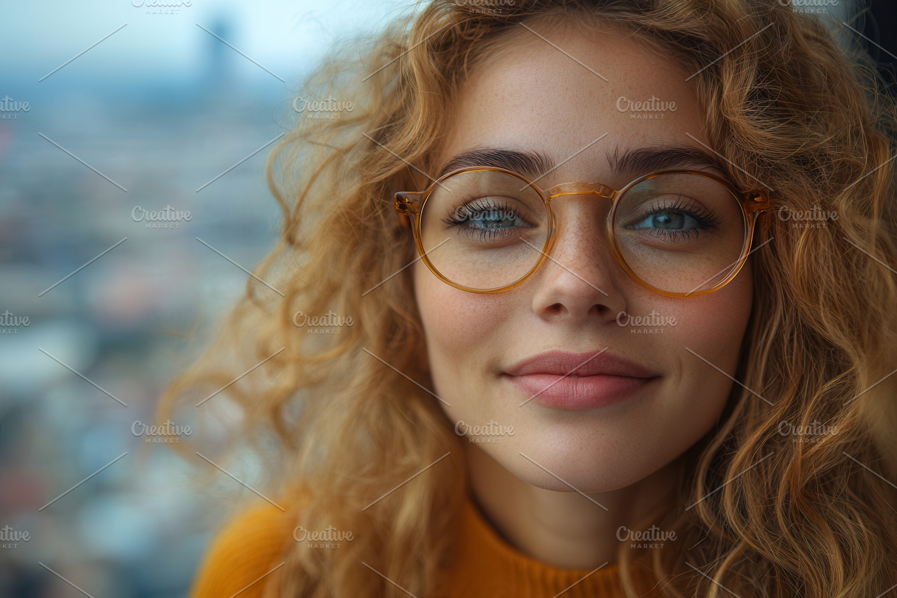 Young woman with curly hair and glas, a Photo by Tanuart