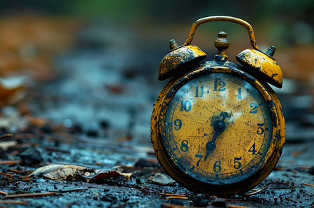 Close-up of a vintage clock on a natural forest floor, a Photo by AS photostudio