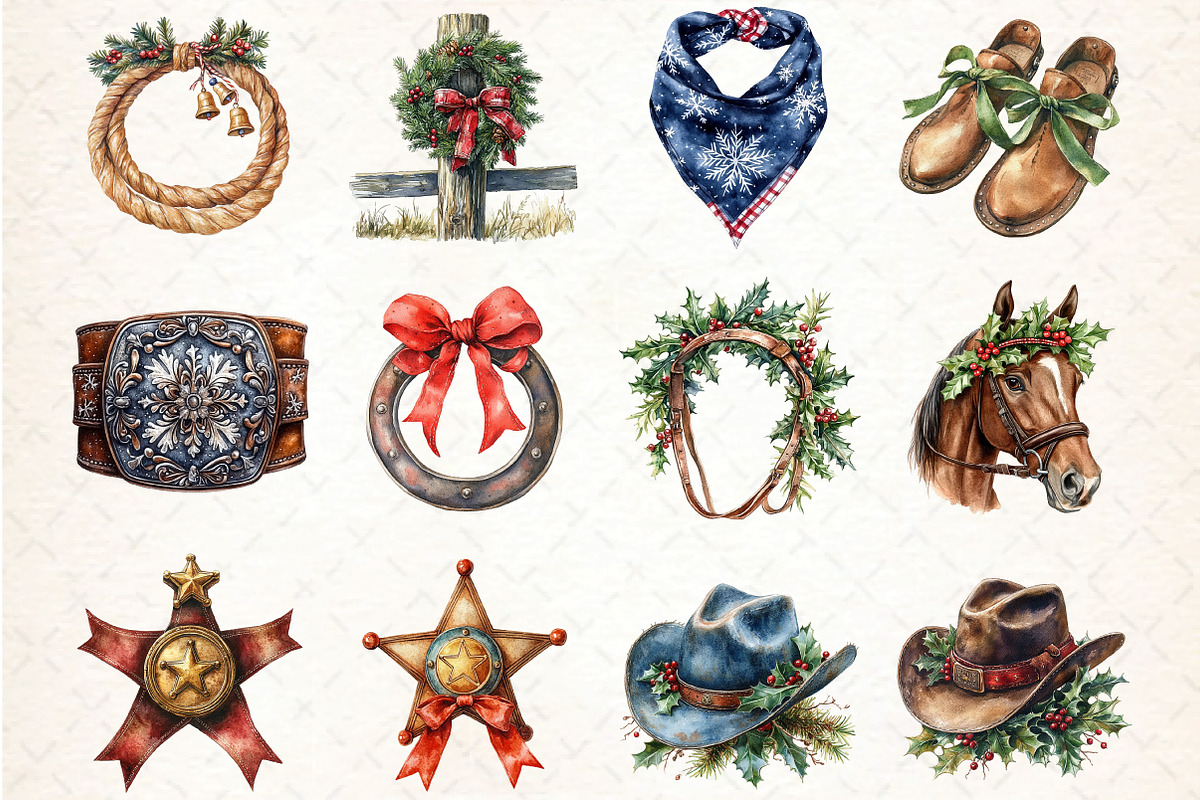 Western Cowboy Christmas Clipart, an Illustration by DreamCafeArt (Photo 2 of 5)
