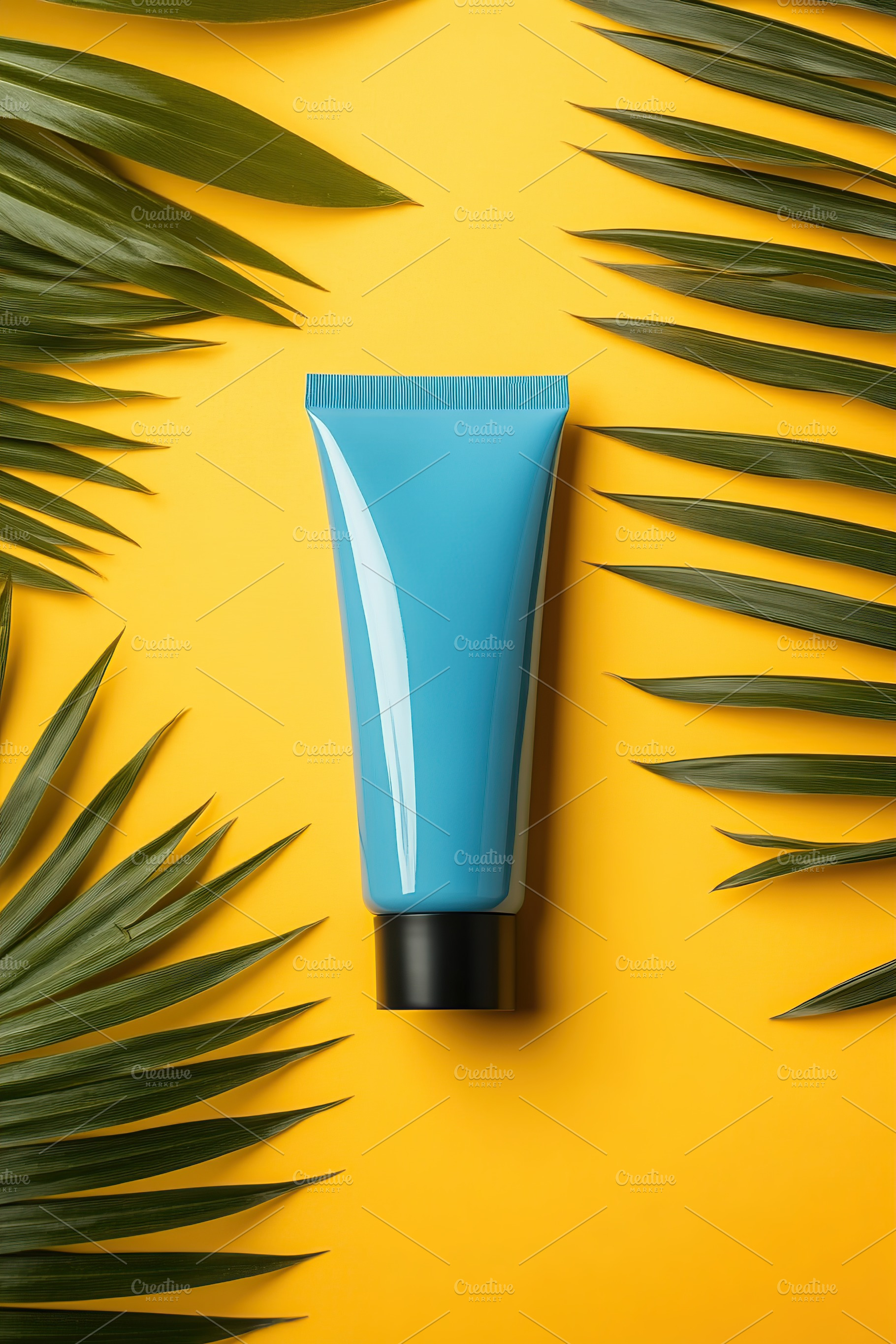 Bright blue sunscreen tube placed on yellow background surrounded by green palm, a Beauty & Fashion Photo by AlyaAnd