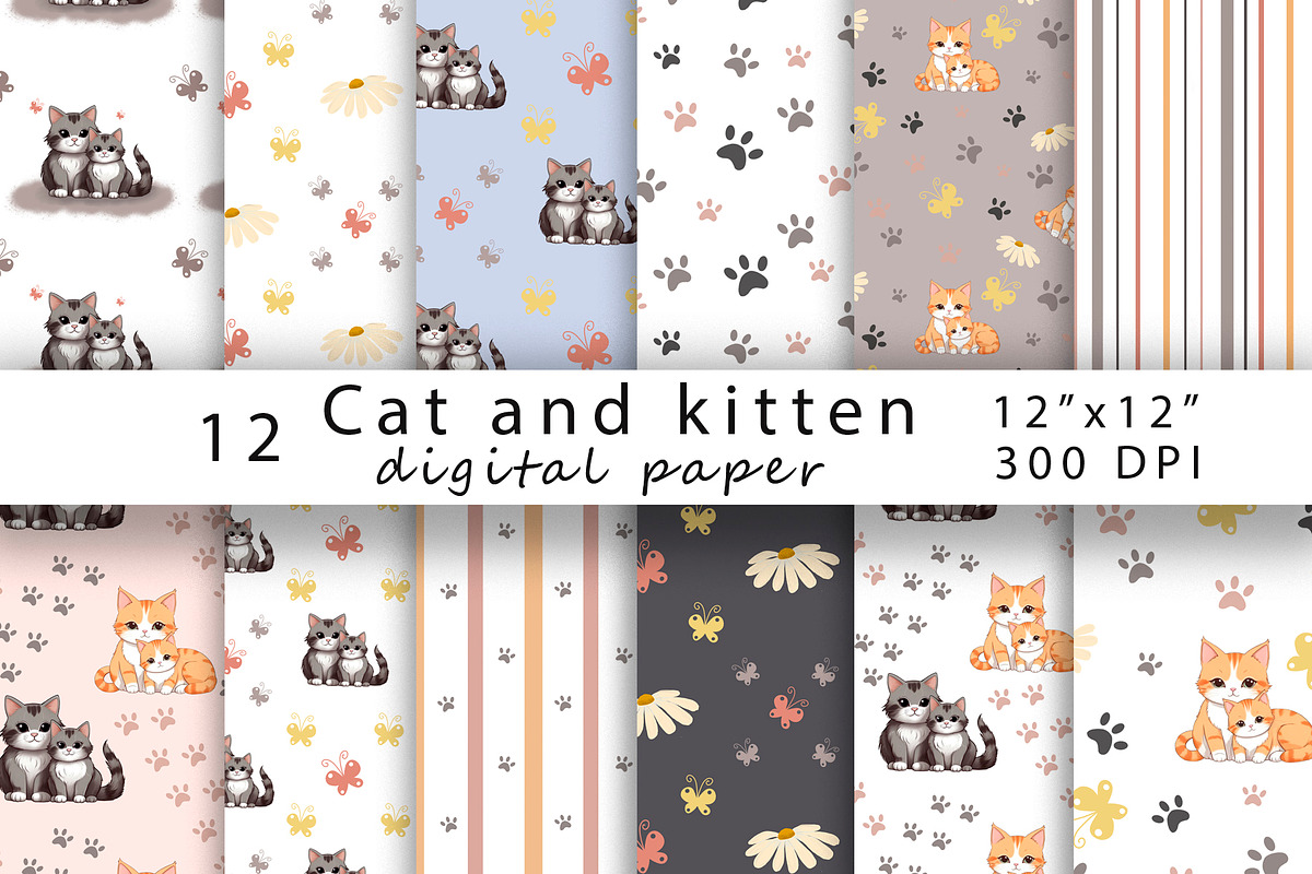 Digital Paper Cat and Kitten., a Pattern Graphic by TetianaArt (Photo 1 of 6)