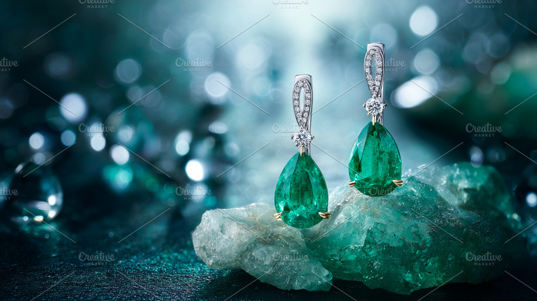 Emerald teardrop earrings with diamonds on raw green gemstone, r, a Photo by Studio ANNA
