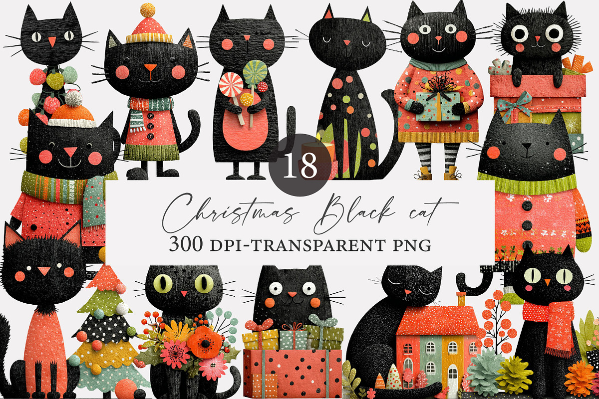 Christmas Black cat clipart, an Illustration by Designworld (Photo 1 of 4)