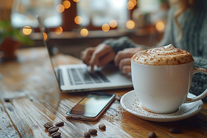 A woman enjoys a cozy coffee moment while working on her laptop, surrounded by, a Person Photo by ImageMir