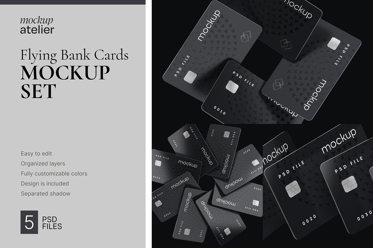 Flying Bank Cards Mockup Set, an Advertising Mockup by mockupatelier (Photo 1 of 9)