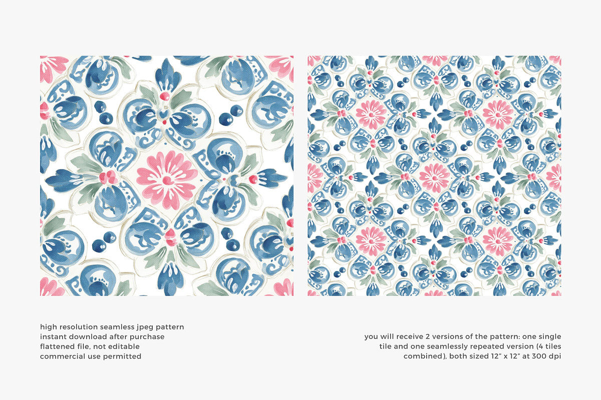 blue floral tile seamless pattern, a Pattern Graphic by Pink Studio Art (Photo 2 of 4)