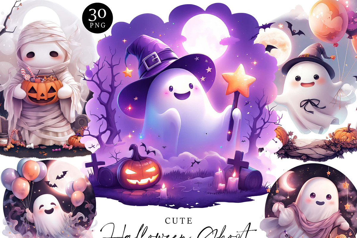 Cute Halloween Ghost Clipart Bundle, a Seasonal Illustration by Design Scotch (Photo 1 of 7)