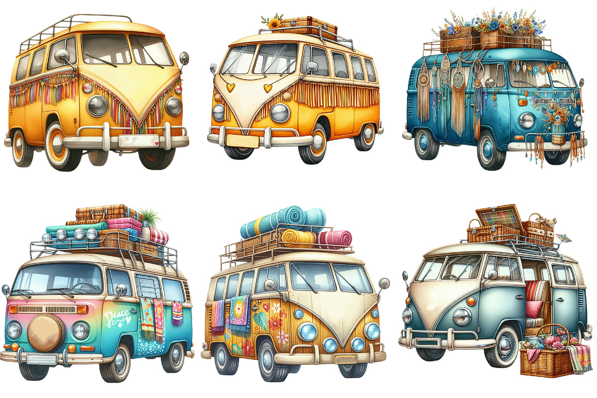 Hippie Car for Summer Watercolor PNG, an Illustration by Pixels.Craft (Photo 3 of 8)