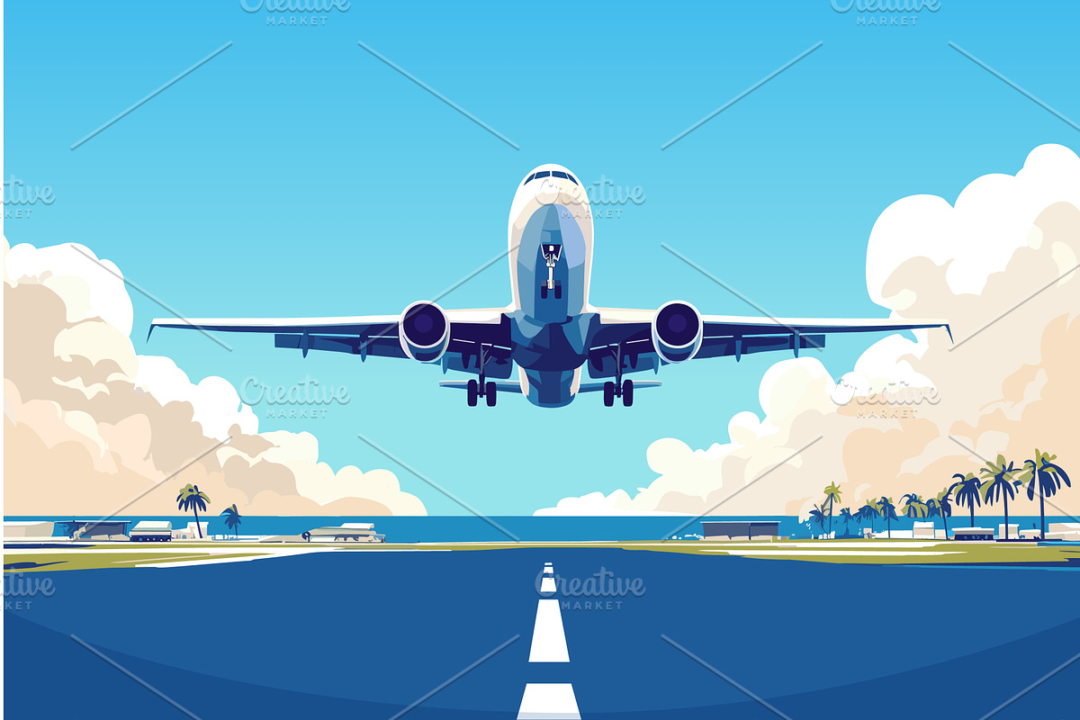 Cartoon airplane taking off from, a Transportation Illustration by LadadikArt