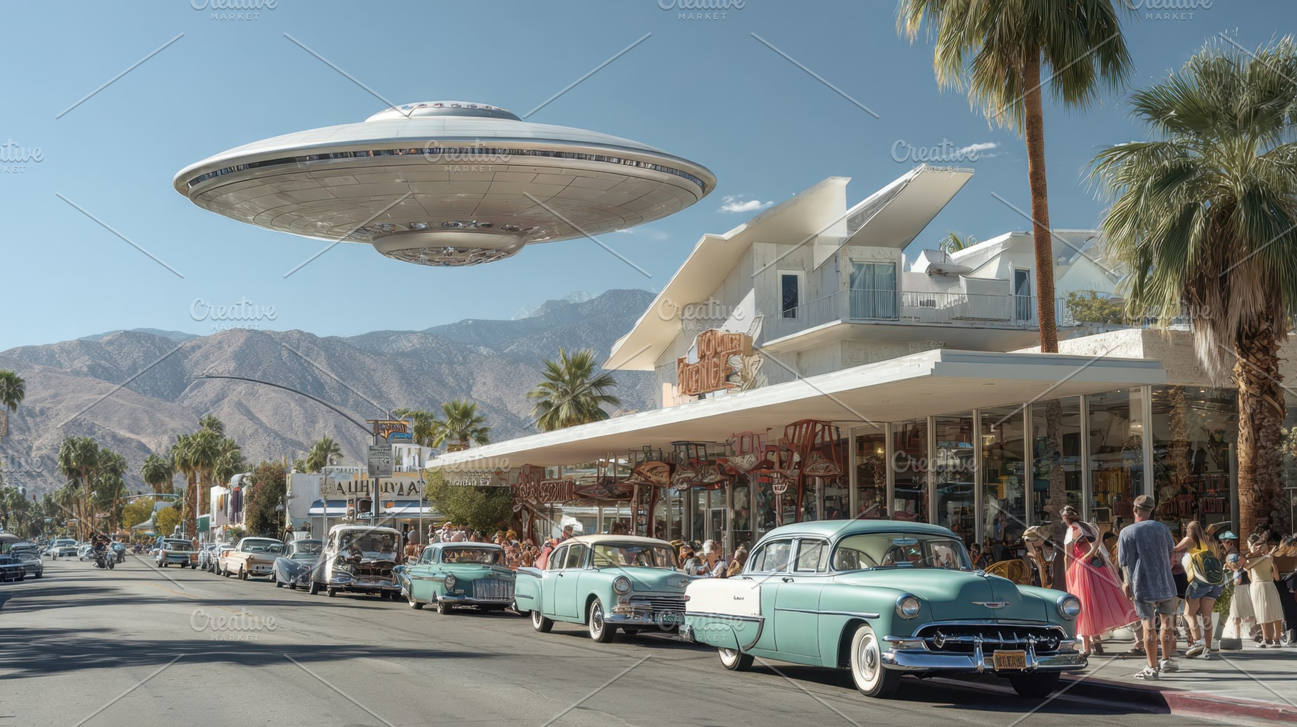 UFO over classic cars, a Photo by Beautiful things