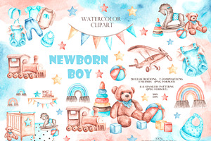 Baby boy watercolor set. Birthday., an Illustration by SabinaWatercolorArt