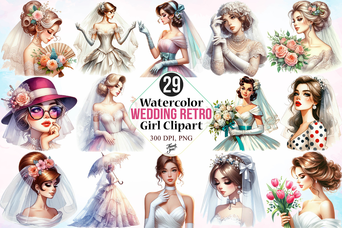 Watercolor Wedding Retro Girl PNG, a Person Illustration by Canvas Craft (Photo 2 of 3)