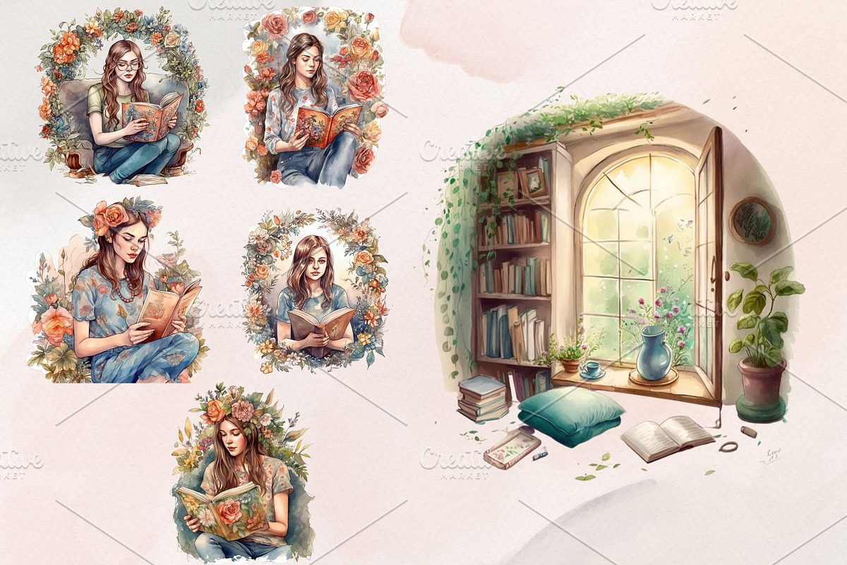 Cozy Reading Watercolor Clipart, an Illustration by Jalina Clipart Studio (Photo 4 of 8)