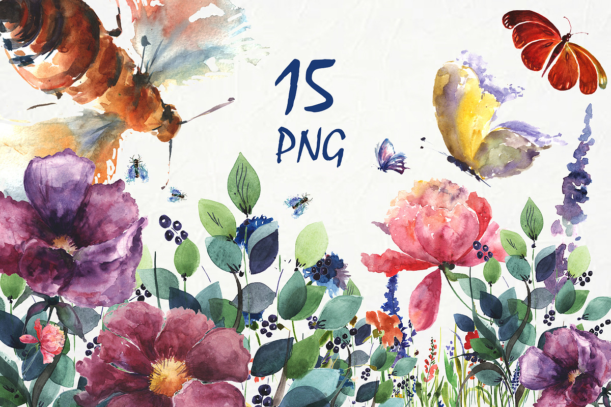 Watercolor set. Flower meadow, bee,, an Illustration by ElliaArt (Photo 1 of 8)