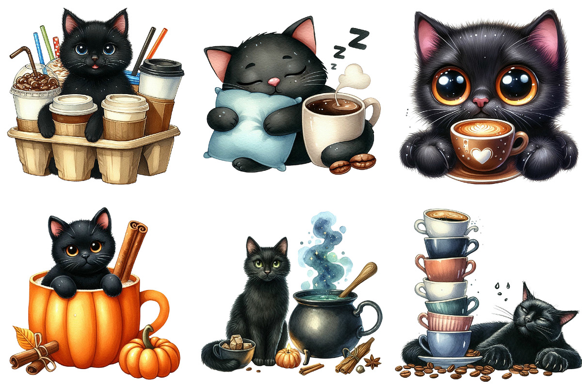 Cat Silhouette Love Coffee Clipart, an Illustration by Libby Wishes (Photo 6 of 12)