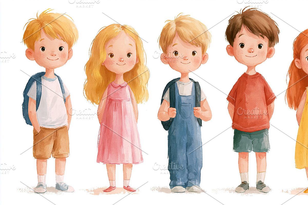 Group of young diverse children standing with backpacks, representing student l, an Illustration by Studio ANNA
