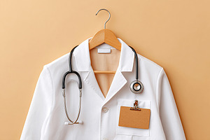 White coat with stethoscope neatly hung on wooden hanger against beige wall bac, a Health & Medical Photo by AlyaAnd