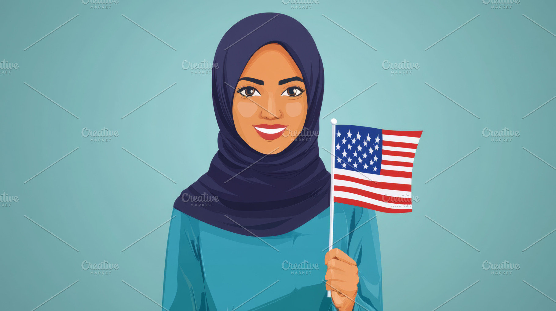 Woman in Hijab Holding an American Flag on a City Street, an Abstract Photo by Natalia Klenova's Shop