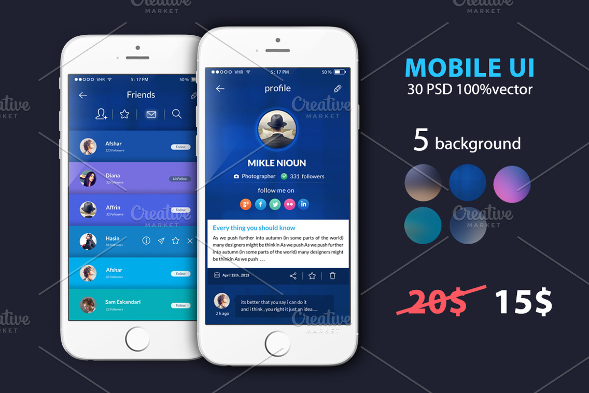 UI Mobile 5 Background, an UI Kit Template by Alireza Farzad (Photo 1 of 7)
