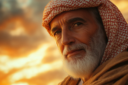 A close-up portrait of an elderly arabic man with a beard, wearing traditional, a Person Photo by Textures & Backgrounds