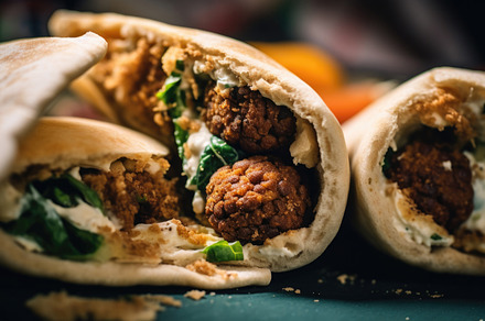 Close-up of falafel wraps with creamy sauce and fresh greens, a Photo by Dvoevnore photos