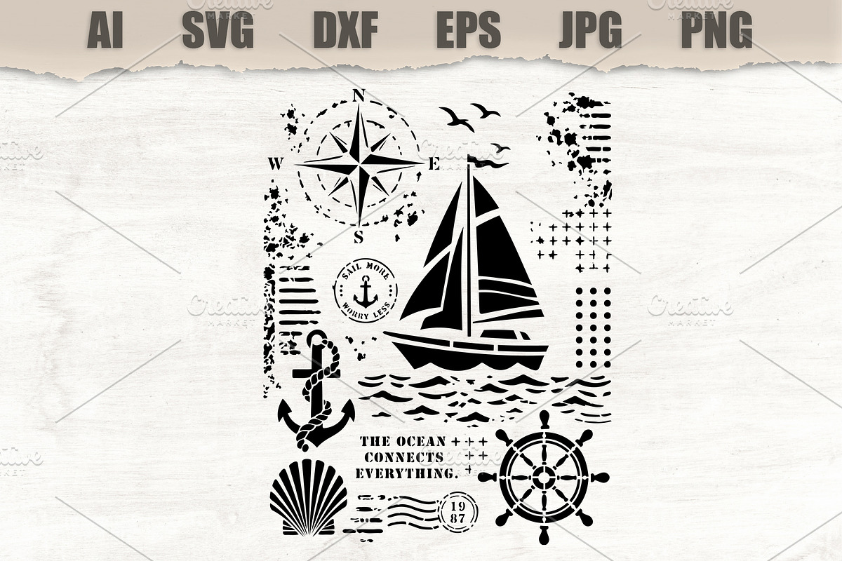 Stencil Nautical Sailboat Ocean, an Object Illustration by MARYCRAFTIRIA (Photo 1 of 3)