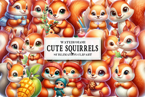 Watercolor Cute Squirrels Clipart, a Graphic by Designking