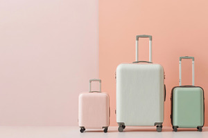 Pastel suitcases against a pink wall, concept of travel and vaca, a Photo by Dvoevnore photos