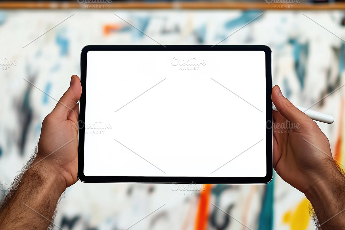 A person holding a blank tablet iPad mockup with a stylus in front of an abstra, an iPad Mockup by Textures & Backgrounds