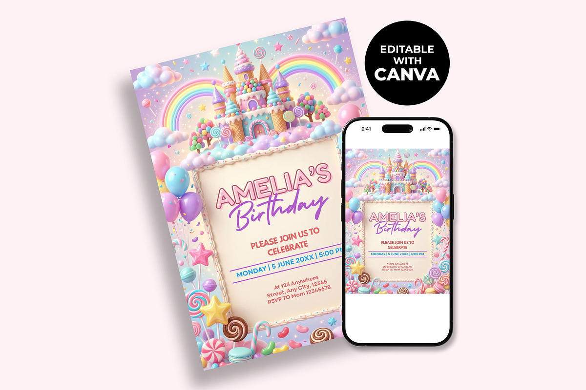 Candy Castle Birthday Invitation, an Invitation Template by M9 Design (Photo 2 of 4)