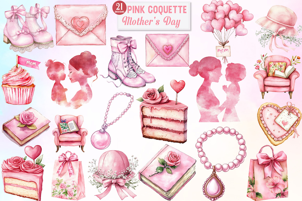 Pink Coquette Mother's Day Clipart, an Illustration by Watercolor design (Photo 1 of 10)